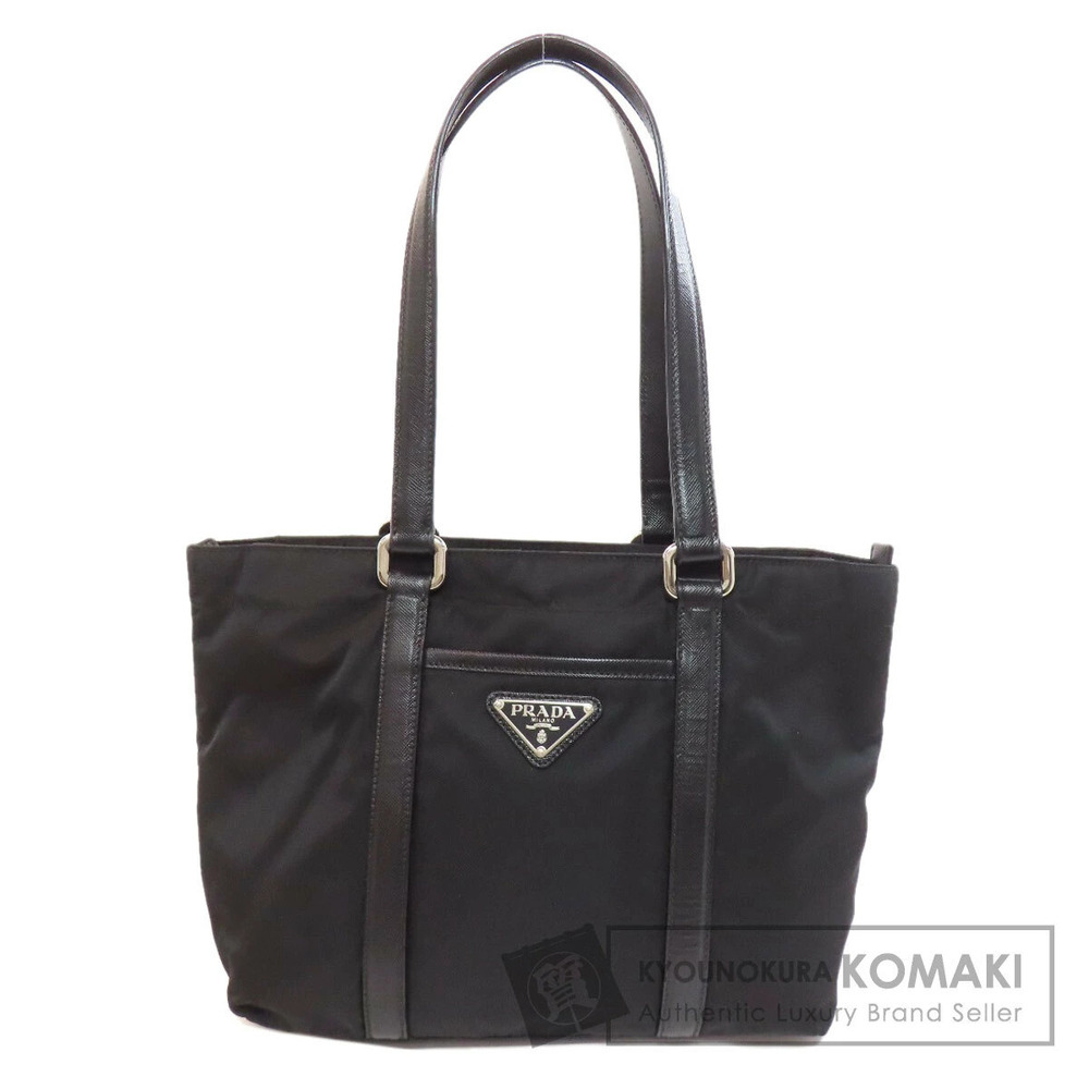 Prada Tessuto tote bag black Saffiano leather trim front triangle